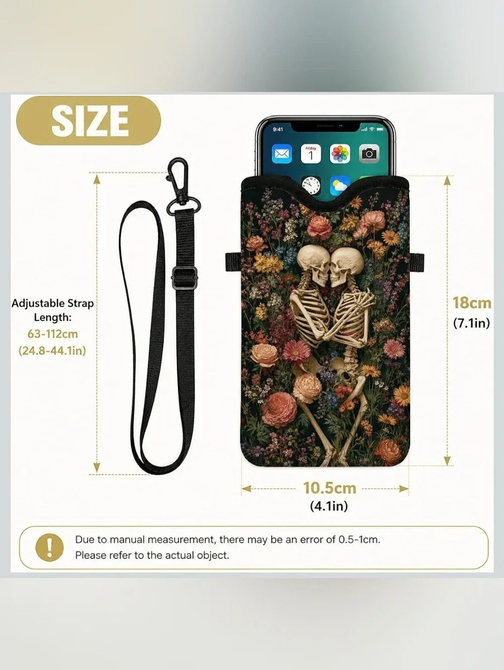 Floral Skeleton Crossbody Phone Pouch - Black Strap